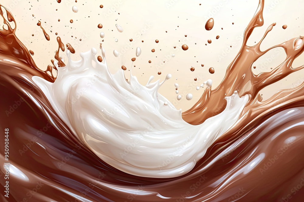Milk and chocolate swirl wave splash. Realistic vector promo background with cocoa and milky flow with drops. Brown and white streams of dessert drink with splatters, liquid 3d dynamic splashing Milk and chocolate swirl wave splash. Realistic vector promo background with cocoa and milky flow with drops. Brown and white streams of dessert drink with splatters, liquid 3d dynamic splashing