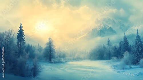 A serene winter scene with a frosted forest and snow-covered mountains in the distance as the sun rises over a frozen lake.