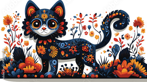 Day of the Dead, Dia de los muertos, dog skull and skeleton decorated with colorful Mexican elements and flowers