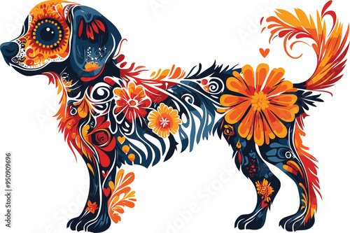 Day of the Dead, Dia de los muertos, dog skull and skeleton decorated with colorful Mexican elements and flowers