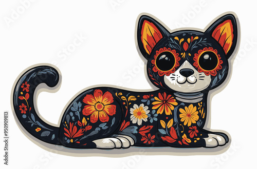 Day of the Dead, Dia de los muertos, dog skull and skeleton decorated with colorful Mexican elements and flowers