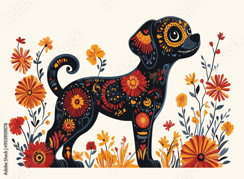 Day of the Dead, Dia de los muertos, dog skull and skeleton decorated with colorful Mexican elements and flowers