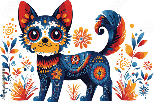 Day of the Dead, Dia de los muertos, dog skull and skeleton decorated with colorful Mexican elements and flowers