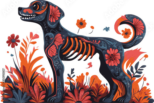 Day of the Dead, Dia de los muertos, dog skull and skeleton decorated with colorful Mexican elements and flowers
