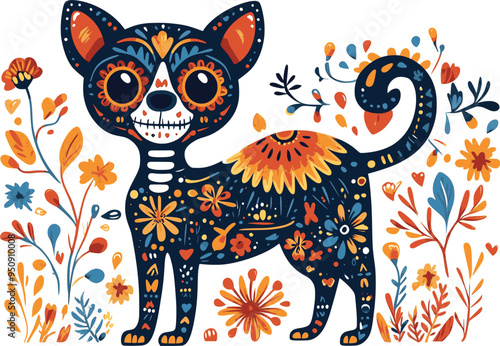 Day of the Dead, Dia de los muertos, dog skull and skeleton decorated with colorful Mexican elements and flowers