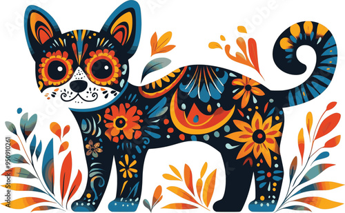Day of the Dead, Dia de los muertos, dog skull and skeleton decorated with colorful Mexican elements and flowers
