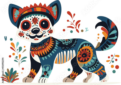 Day of the Dead, Dia de los muertos, dog skull and skeleton decorated with colorful Mexican elements and flowers