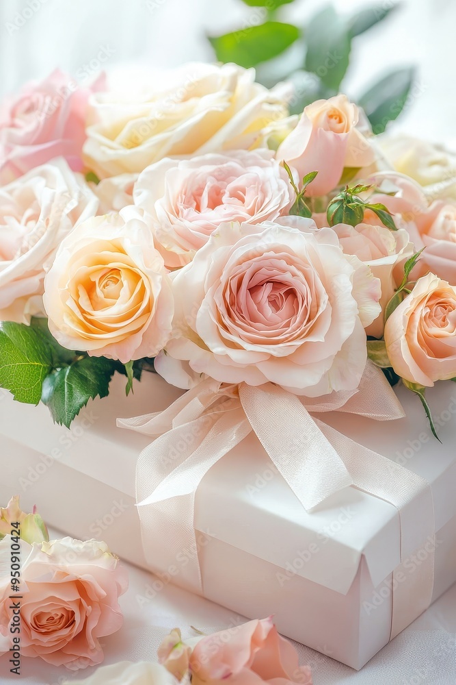 Delicate Bouquet of Pastel-Colored Roses in a Gift Box Delicate Bouquet of Pastel-Colored Roses in a Gift Box