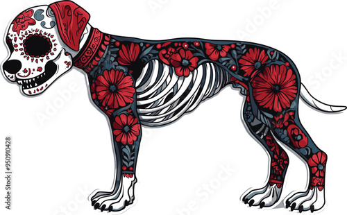 Day of the Dead, Dia de los muertos, dog skull and skeleton decorated with colorful Mexican elements and flowers