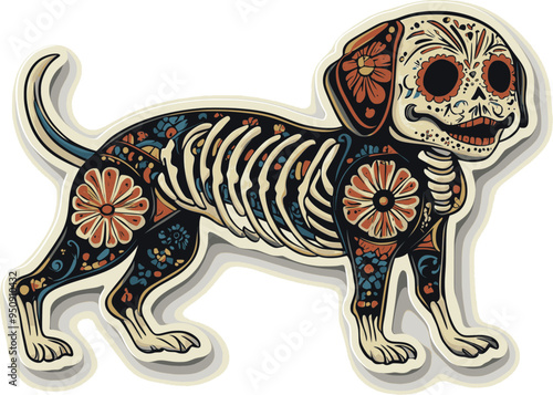 Day of the Dead, Dia de los muertos, dog skull and skeleton decorated with colorful Mexican elements and flowers