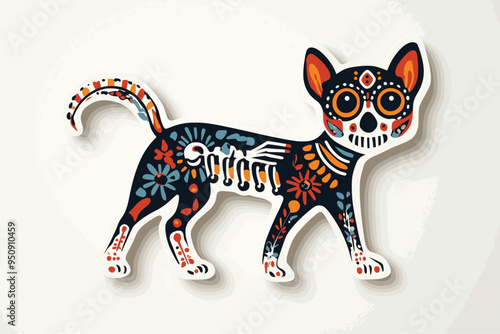 Day of the Dead, Dia de los muertos, dog skull and skeleton decorated with colorful Mexican elements and flowers