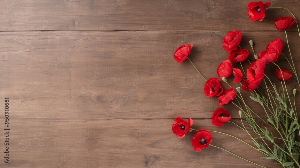 Red Poppies on Wooden Background, Perfect for Memorial Banners, Nature-Themed Marketing, and Backgrounds with Ample Copy Space Red Poppies on Wooden Background, Perfect for Memorial Banners, Nature-Themed Marketing, and Backgrounds with Ample Copy Space