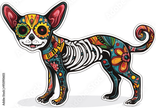 Day of the Dead, Dia de los muertos, dog skull and skeleton decorated with colorful Mexican elements and flowers