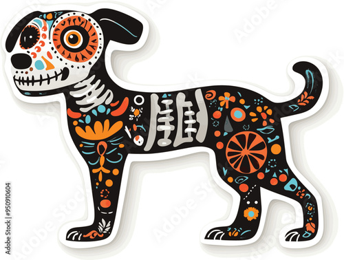 Day of the Dead, Dia de los muertos, dog skull and skeleton decorated with colorful Mexican elements and flowers
