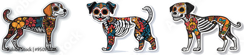 Day of the Dead, Dia de los muertos, dog skull and skeleton decorated with colorful Mexican elements and flowers