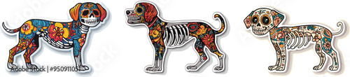 Day of the Dead, Dia de los muertos, dog skull and skeleton decorated with colorful Mexican elements and flowers