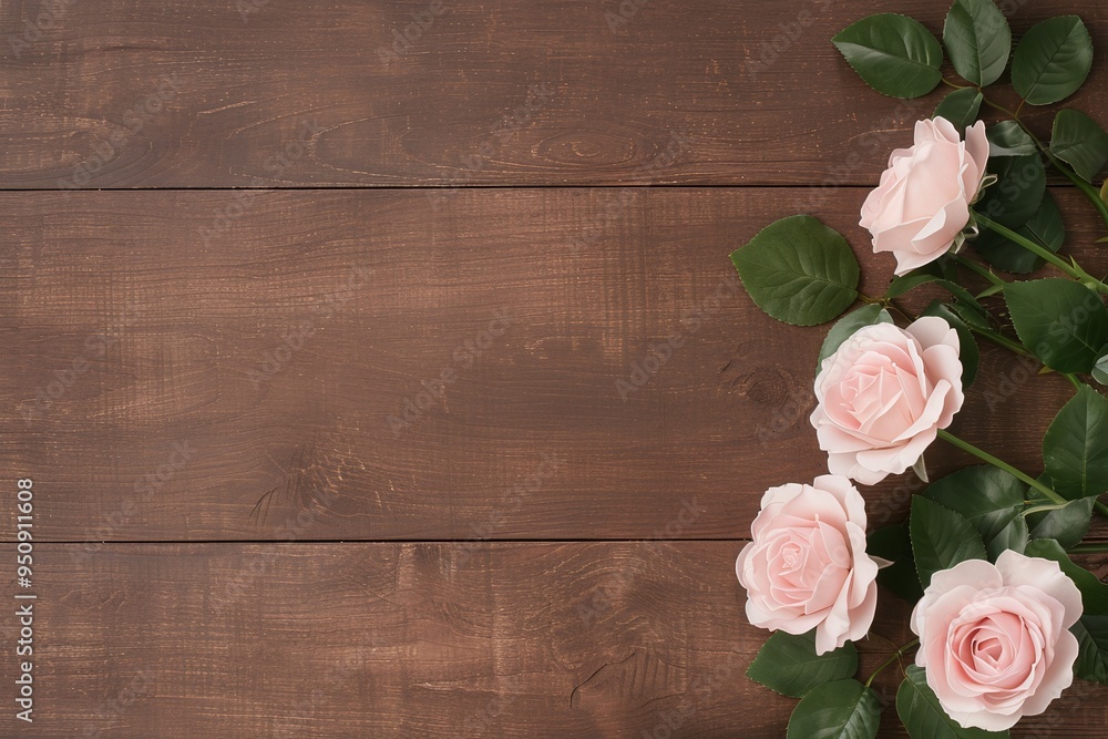 Single Line of Pink Roses on Wooden Background, Perfect for Elegant Banners, Nature-Themed Marketing, and Floral Backgrounds with Copy Space Single Line of Pink Roses on Wooden Background, Perfect for Elegant Banners, Nature-Themed Marketing, and Floral Backgrounds with Copy Space