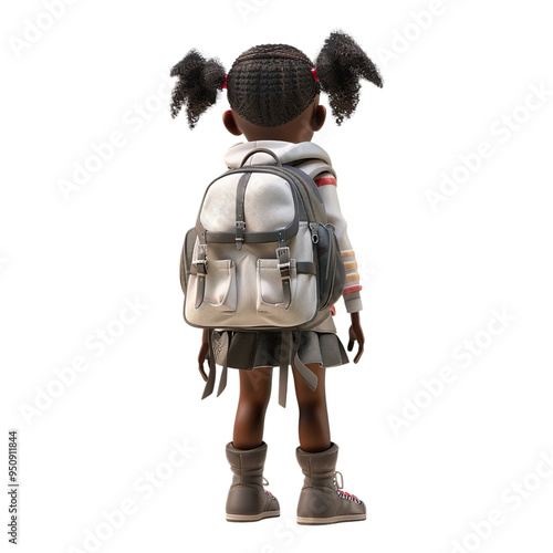 3D Black Girl Back View with School Bag on Transparent Background