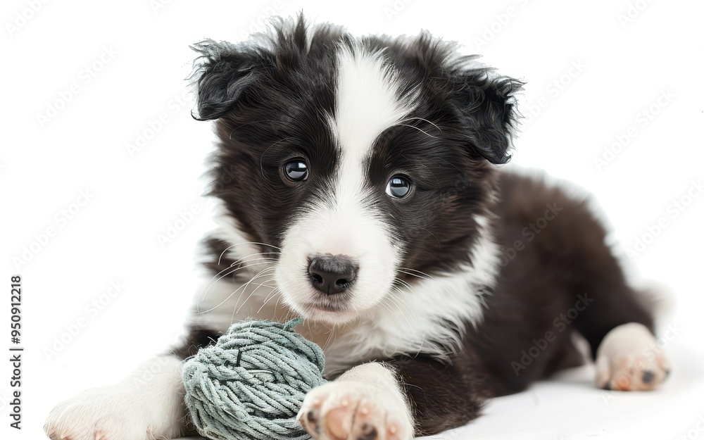 6 week old Border Collie puppy playing with toy on white background 6 week old Border Collie puppy playing with toy on white background