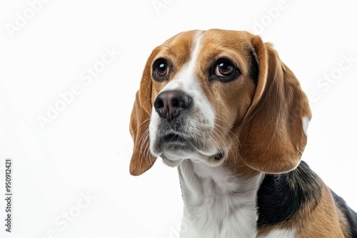 8 month old Beagle against white backdrop