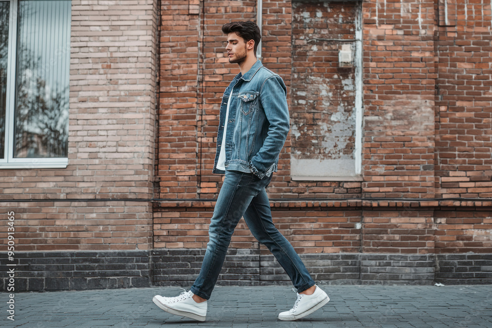 Side view full body of latin american male in casual outfit walking near brick building. Side view full body of latin american male in casual outfit walking near brick building.