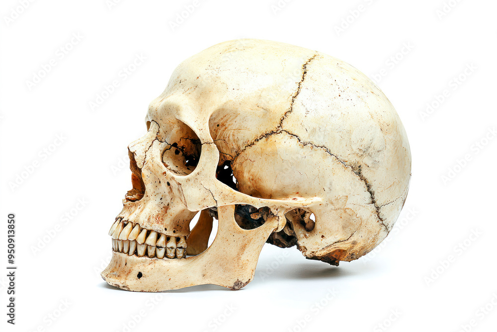Human skull on isolated white background, side view. Human skull on isolated white background, side view.