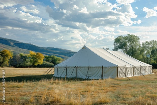 A big tent is being built in a field for a party