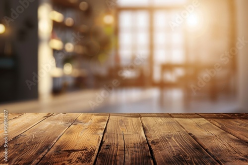A blurred background behind a wooden table top