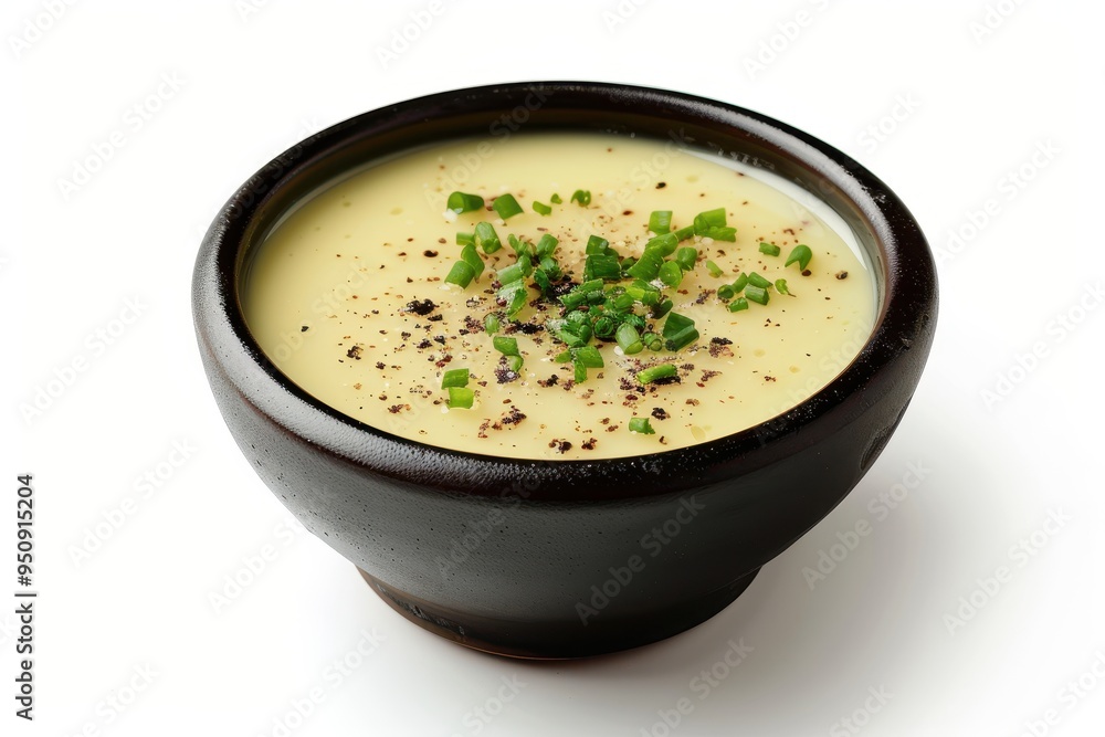 A bowl of creamy vegetable soup on white background A bowl of creamy vegetable soup on white background