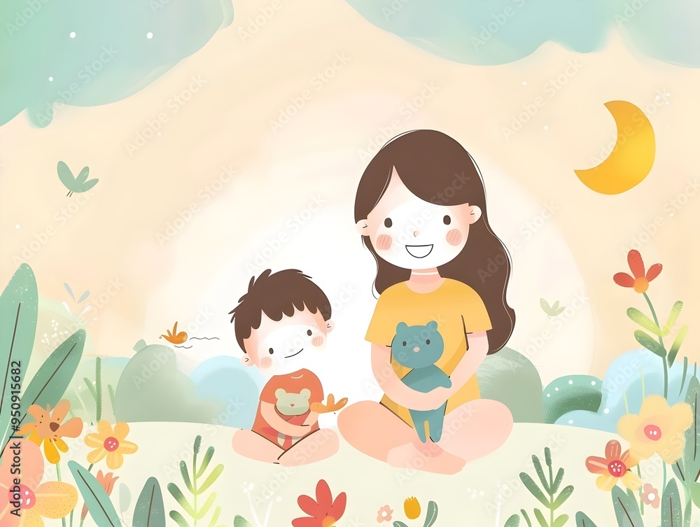 A young woman and boy are sitting in a field with flowers and butterflies, enjoying a sunny day. A young woman and boy are sitting in a field with flowers and butterflies, enjoying a sunny day.