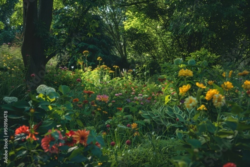 A colorful garden full of blooming flowers enhances a sunny summer day