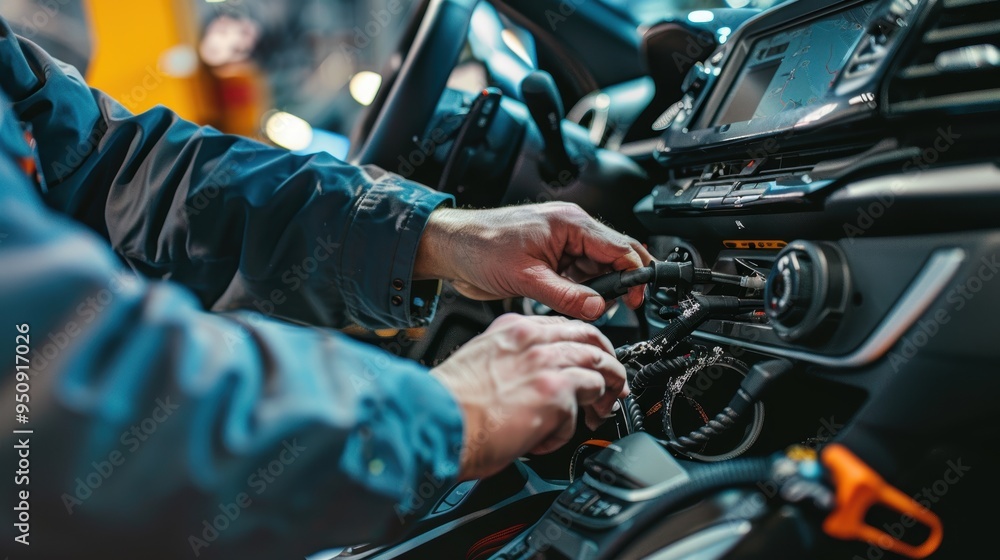 Auto electrician installing car radio using wires in a workshop Auto electrician installing car radio using wires in a workshop