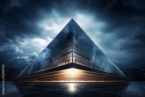 giant glass pyramid in a city building, architecture photo