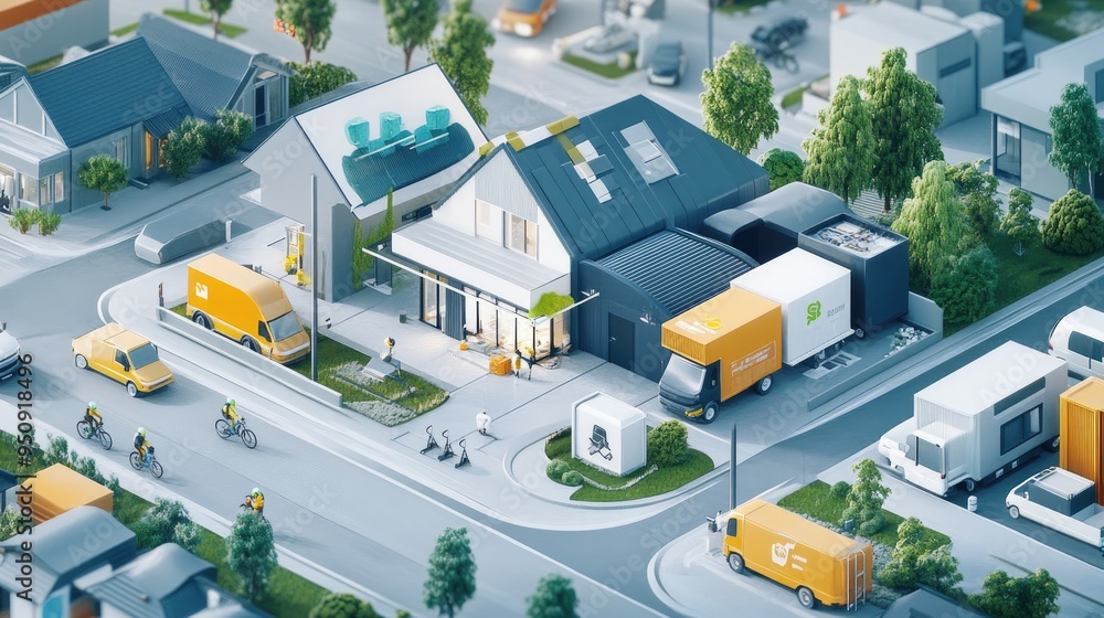 Obraz premium A delivery hub in a suburban area with vans and bikes, showcasing the integration of local and global logistics