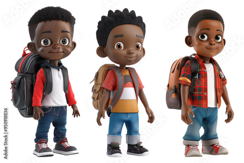 3D Cute Black Kids with School Bag on Transparent Background