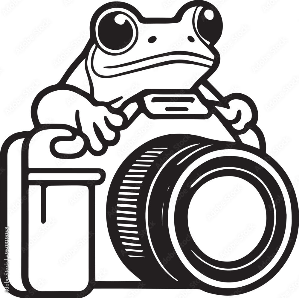 Frog silhouette with camera for digital content creation, vectorized frog logo for wildlife photographers, created with artificial intelligence Frog silhouette with camera for digital content creation, vectorized frog logo for wildlife photographers, created with artificial intelligence