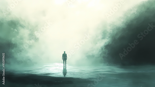 Silhouette standing in serene, misty waterscape with ethereal light. Ethereal. Illustration