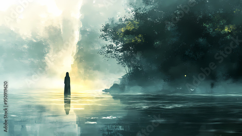 Silhouette standing in serene, misty waterscape with ethereal light. Ethereal. Illustration
