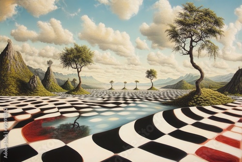 Surreal Landscape with Checkerboard Pattern and Reflected Trees photo