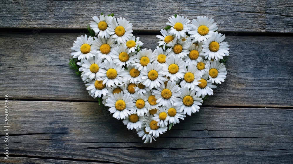 Obraz premium A creative overhead shot of daisies arranged in the shape of a heart on a wooden surface, symbolizing love and nature