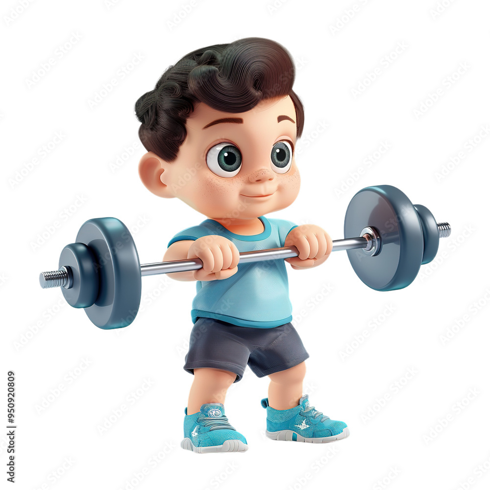 Fototapeta premium 3D Cute Gym Boy Lifting Weights on Transparent Background