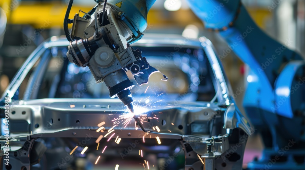 Robot arm welding metal parts in car factory Robot arm welding metal parts in car factory