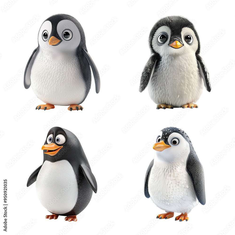 Fototapeta premium 3d Cute Penguins Set on Transparent Background