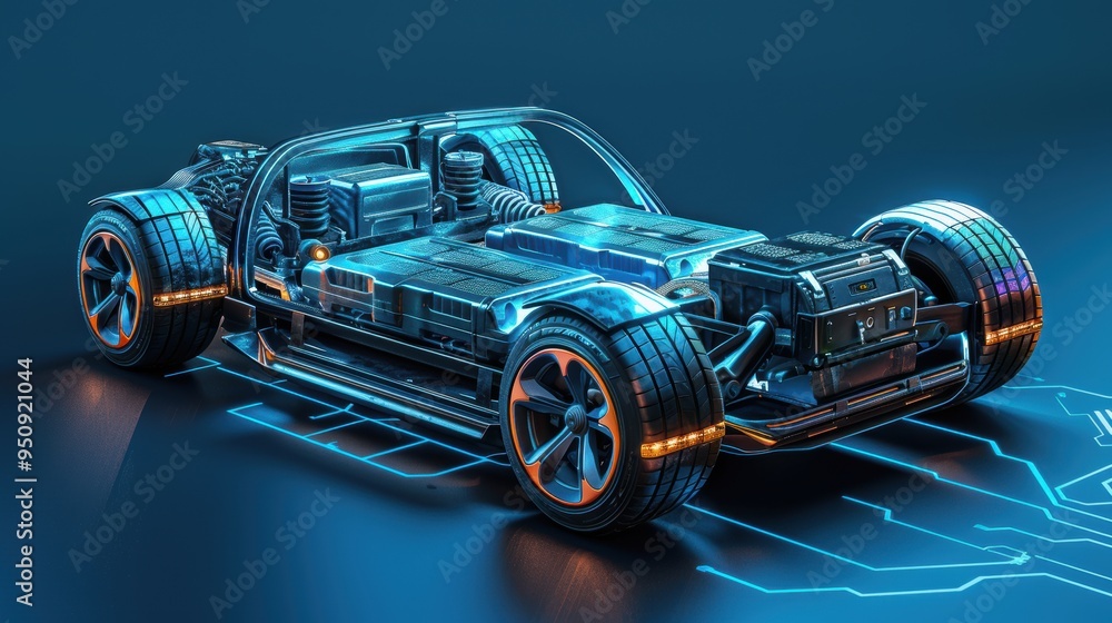 Electric sports car chassis standing over futuristic blue background Electric sports car chassis standing over futuristic blue background