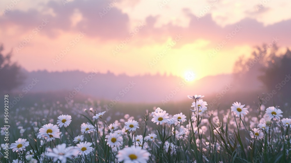 Obraz premium A dreamy landscape with daisies in the foreground and a hazy sunrise in the background, capturing the tranquility of dawn