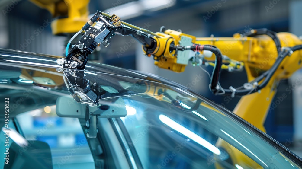 Obraz premium Robot arm installing windshield on vehicle on assembly line