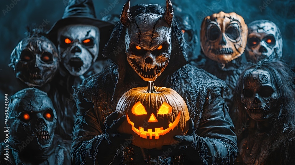 A headless horseman holding a carved pumpkin head, surrounded by eerie Halloween party masks, hyper-realistic, dramatic lighting, isolated on white background A headless horseman holding a carved pumpkin head, surrounded by eerie Halloween party masks, hyper-realistic, dramatic lighting, isolated on white background