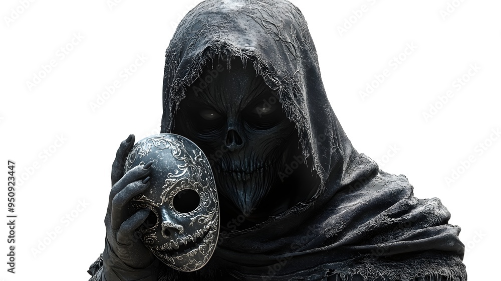 A hooded reaper holding a Halloween party mask, 3D illustration, dark fantasy style, isolated on white background A hooded reaper holding a Halloween party mask, 3D illustration, dark fantasy style, isolated on white background