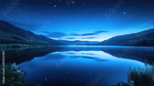 A calm river reflecting the bright blue sky during the day, transitioning to a moonlit surface under the night sky