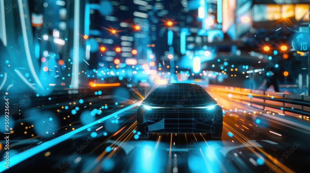 Autonomous self-driving car using gps navigation driving on road in smart city at night Autonomous self-driving car using gps navigation driving on road in smart city at night